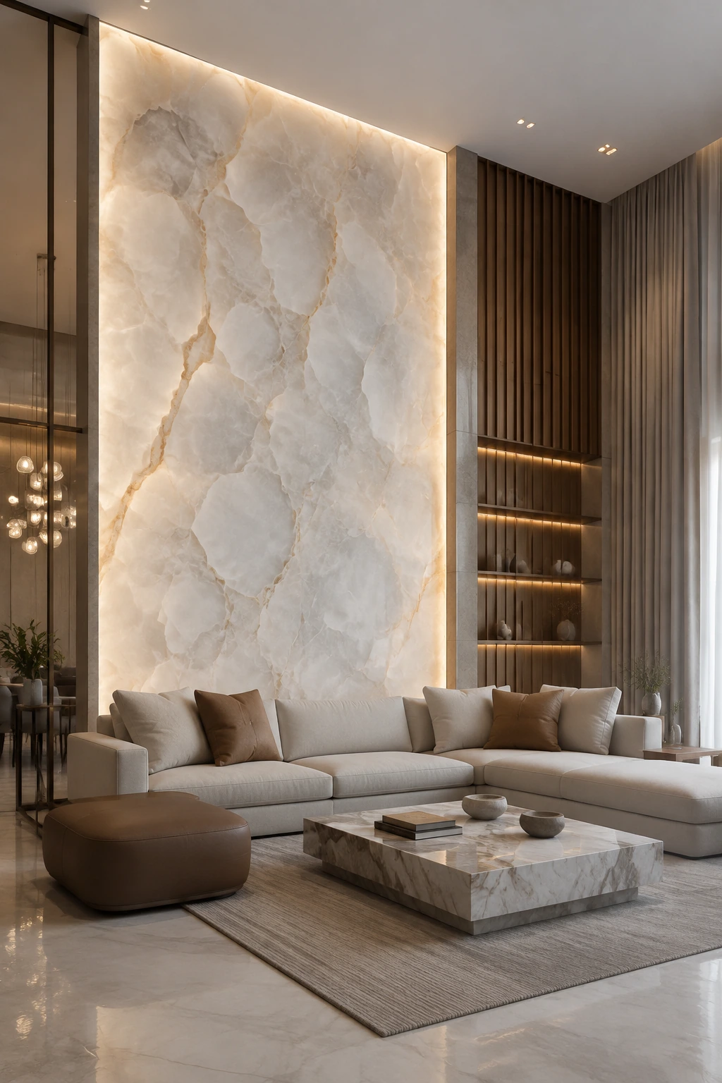Aplicação ilustrativa de Ônix Nuvolato em painel interno iluminado