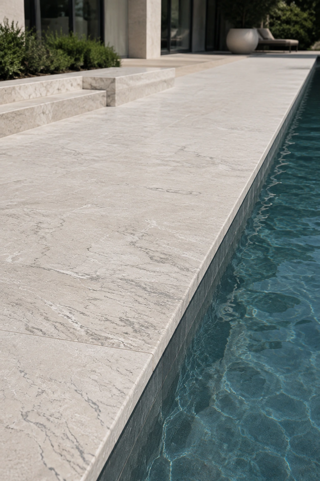 Aplicação ilustrativa de Travertino Levigado em borda de piscina